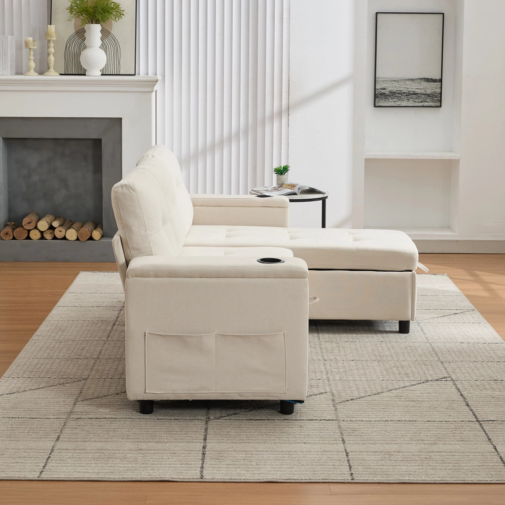 Divano Letto con Contenitore, LED, USB-C, Portabicchieri e Tasche, in Tessuto, Beige