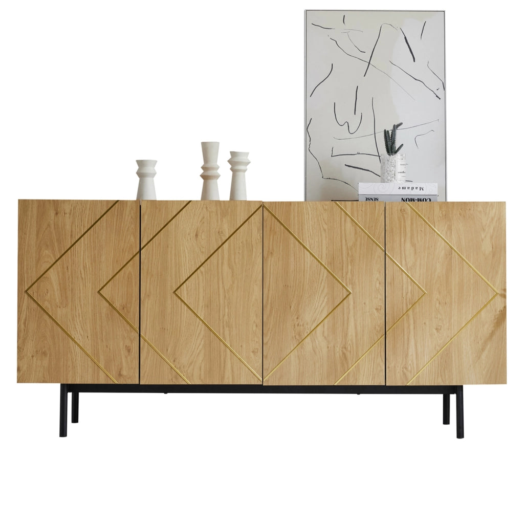 Credenza da soggiorno con 4 ante e inserti metallici, finitura naturale, 160 x 40 x 78 cm