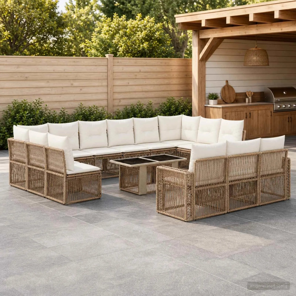 Set Divano da Giardino 14 pz Beige e Bianco Crema polyrattan 3436863