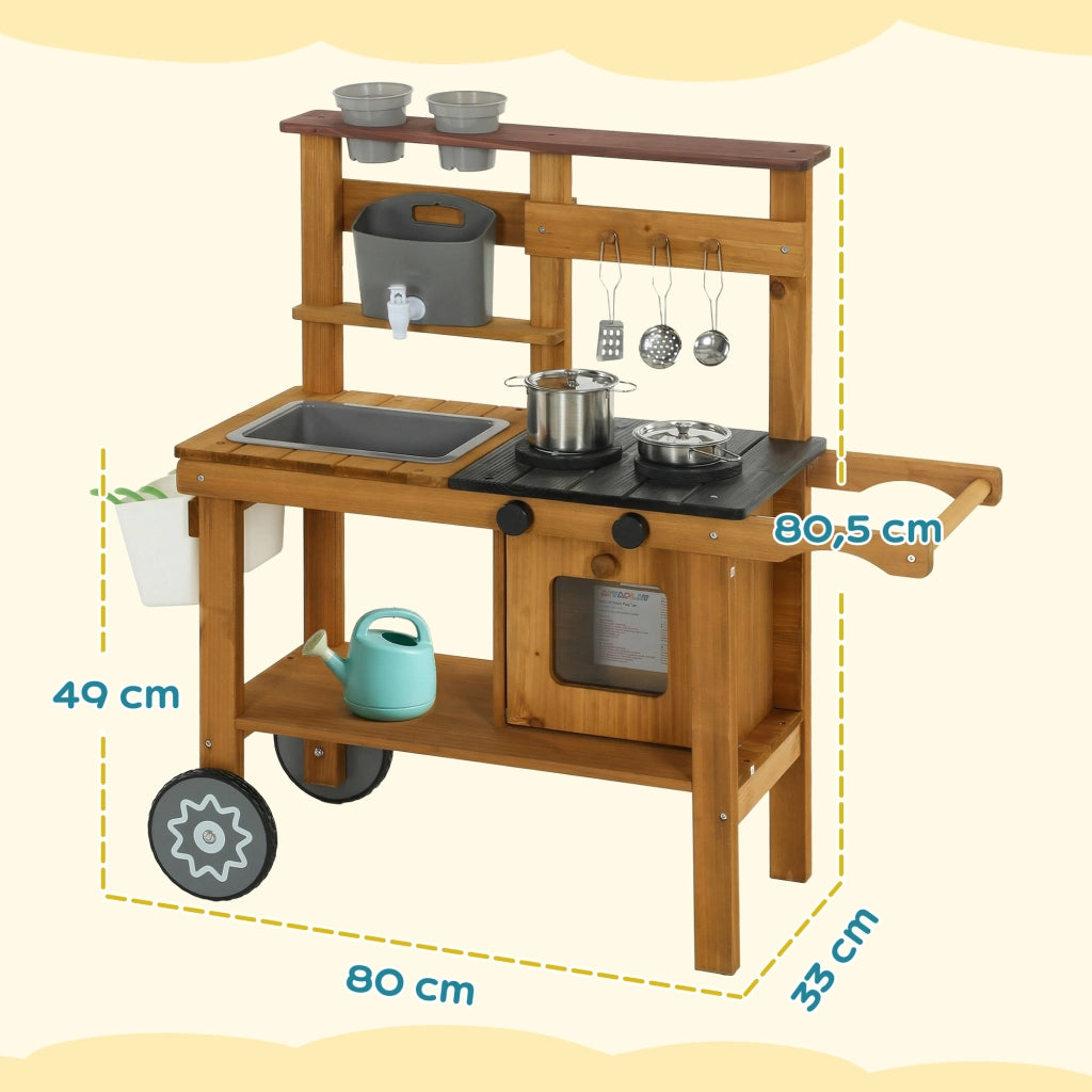 Cucina Giocattolo Esterna per Bambini ¨C zephmum ¨C Legno, Marrone con Rubinetto e Ruote