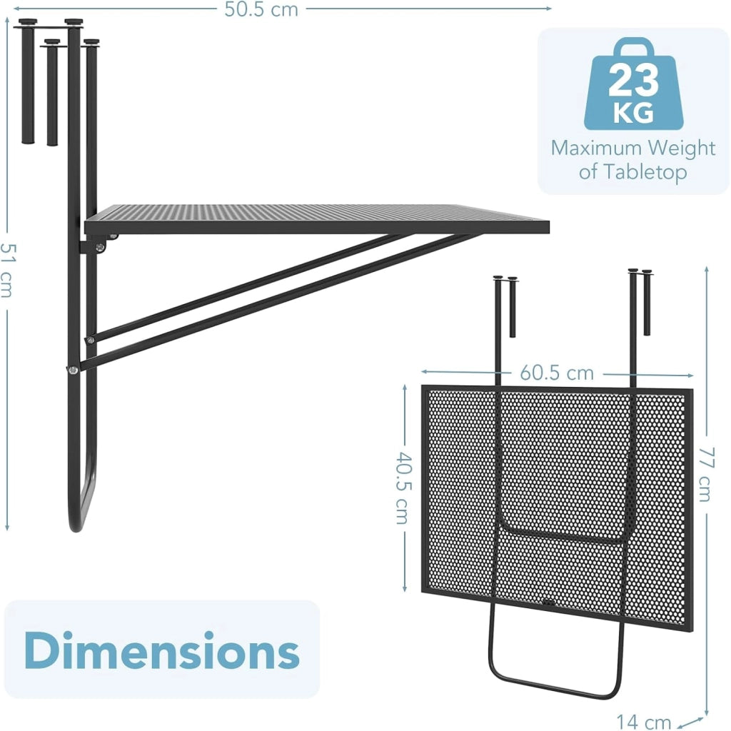 Tavolo da Balcone Appeso, Tavolo Pieghevole per Ringhiere fino a 6 cm di Spessore, Tavolino Salvaspazio per Ringhiere Esterne con Telaio in Metallo per Patio, Portico, Terrazza, Nero