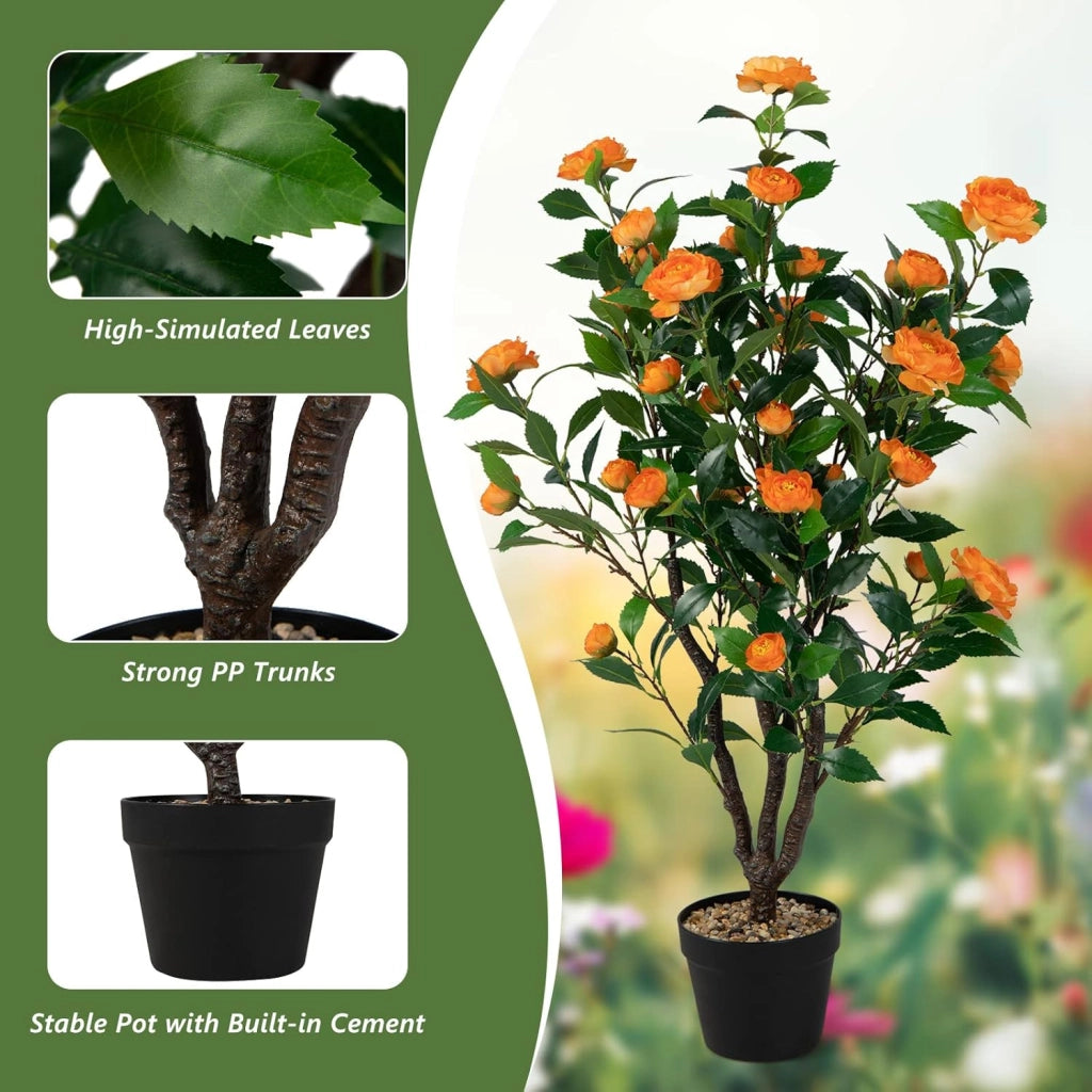 Albero Artificiale con 37 Camelie da 102 cm, Pianta Floreale Artificiale in Vaso di Cemento, Decorazione Interna ed Esterna, Pianta Falsa per Ufficio, Casa, Veranda