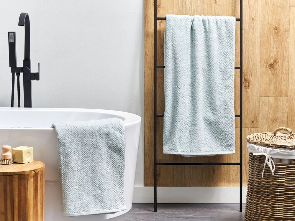 Set di 2 asciugamani in morbido cotone verde menta con motivo a spina di pesce stile classico ospiti bagno