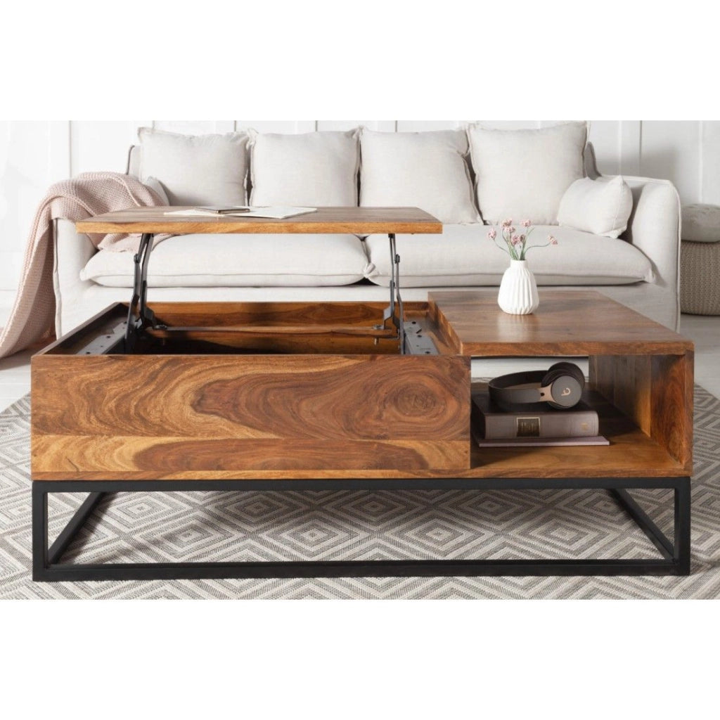 Tavolino basso ORBO in legno massiccio 110 cm – Piano sollevabile e contenitori integrati