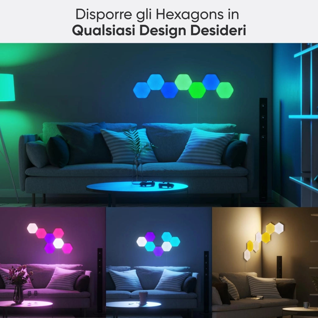 Shapes Hexagon Starter Kit, 9 Esagoni Luminosi LED RGBW Smart, Applique da Parete Interno Modulari, Luci Led 16M Colori WiFi, Funziona con Alexa, Sincronia Musica e Monitor, Deco e Gaming