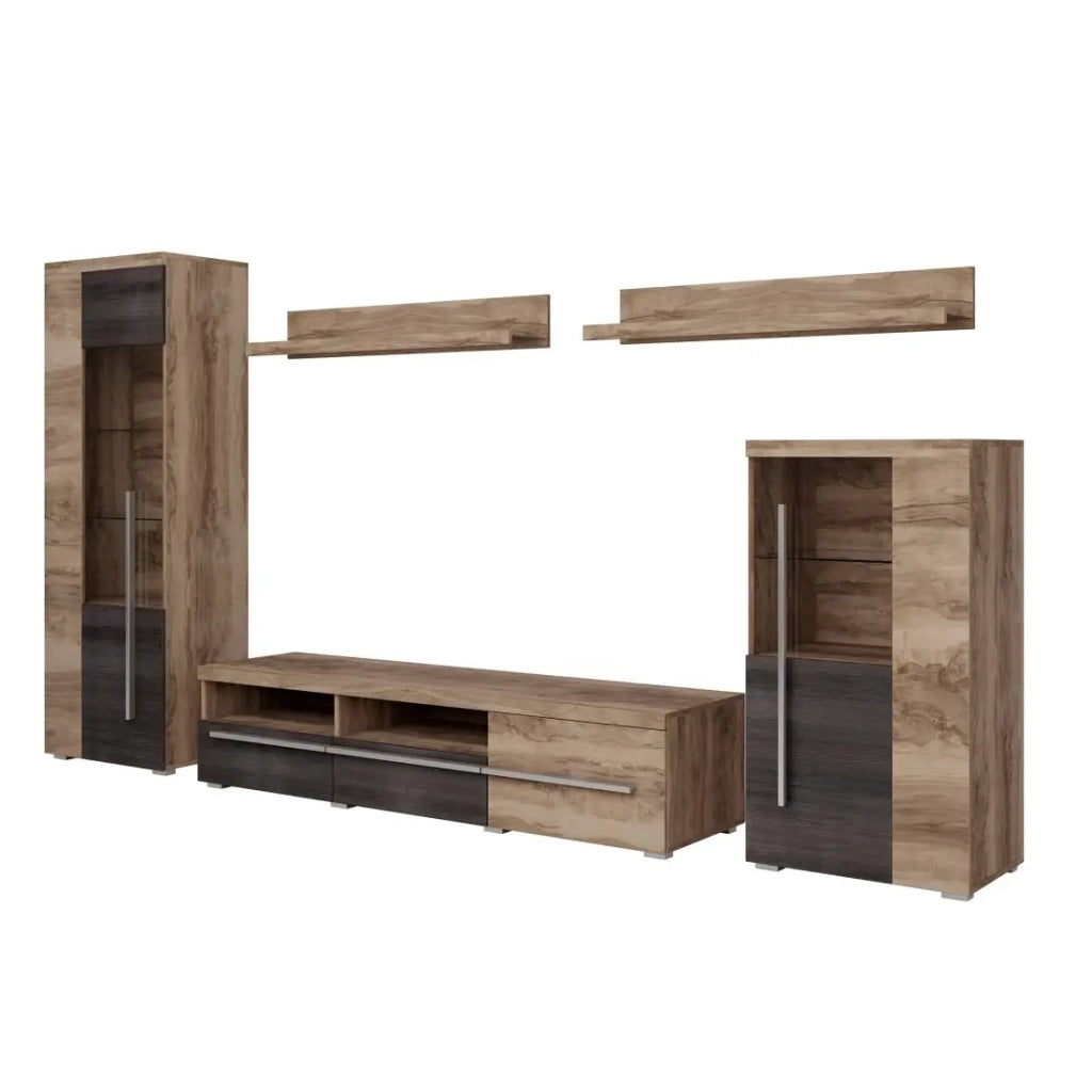 Composizione murale BRAZZA – Vetrine, mobile TV 160 cm e 2 mensole – Finitura noce satinato