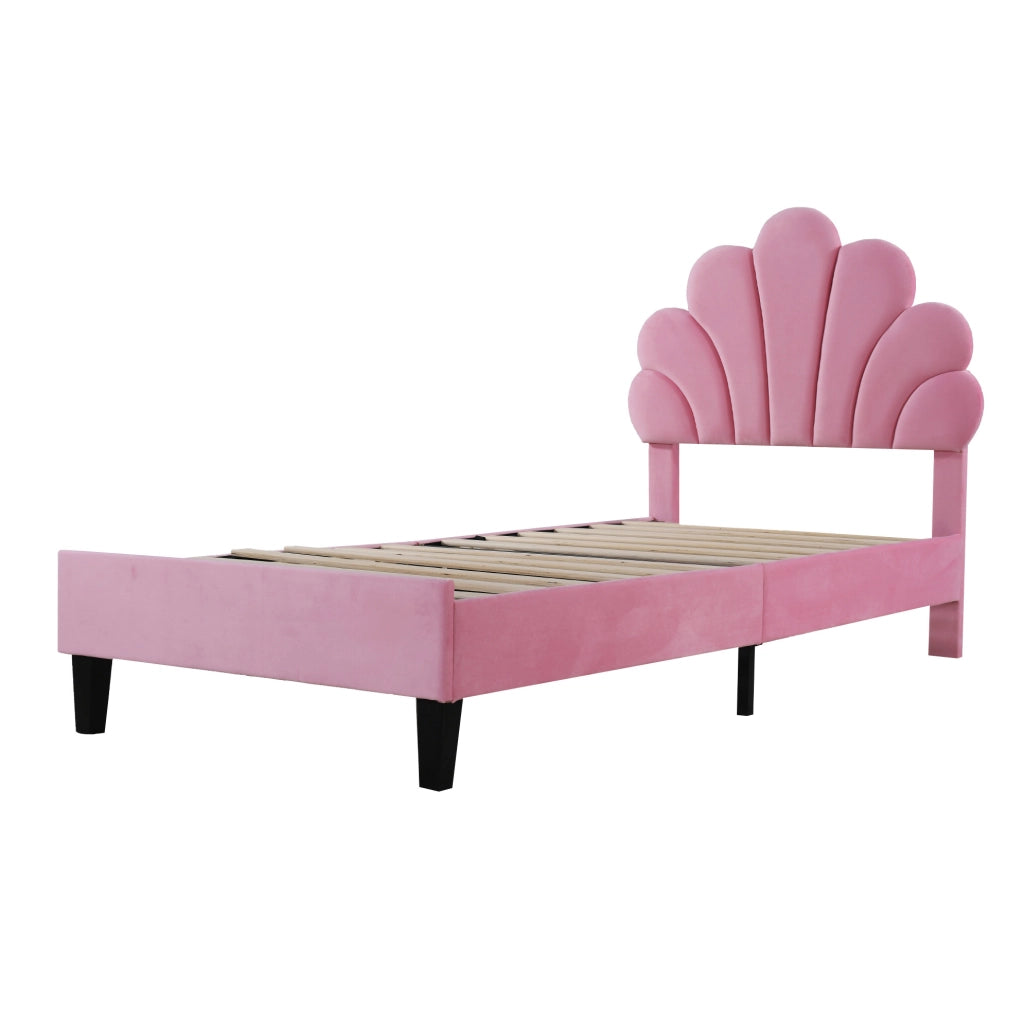 Letto imbottito 90x200 cm rosa con testiera a fiore e rete a doghe
