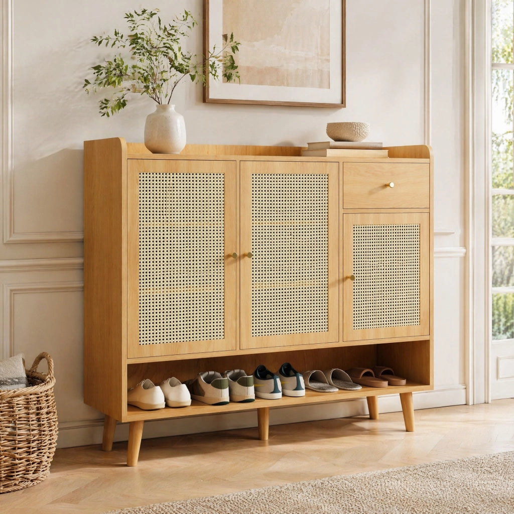 Mobile porta scarpe con 3 ante, 1 cassetto e ripiani, finitura Natural, 120 x 35 x 106 cm