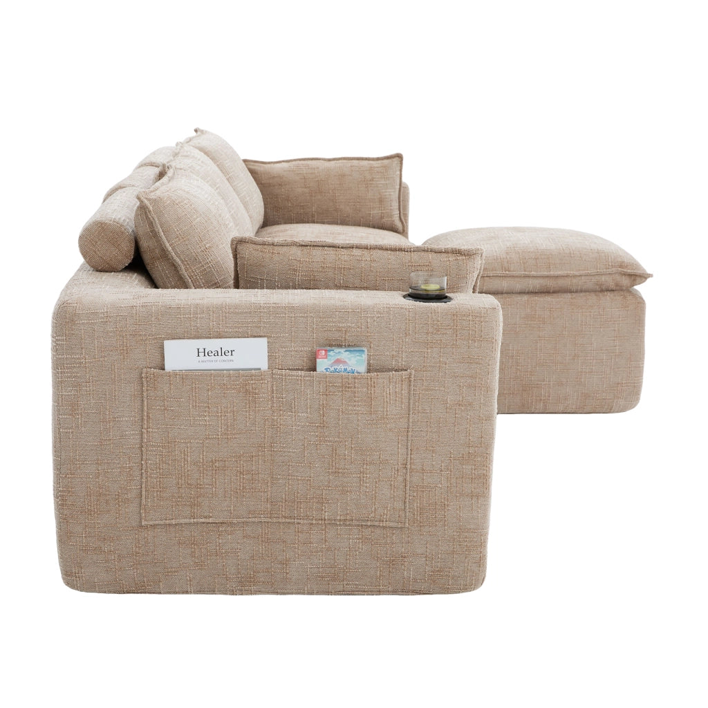 Divano modulare 3 posti color cachi con pouf; 256x161x75 cm; in ciniglia