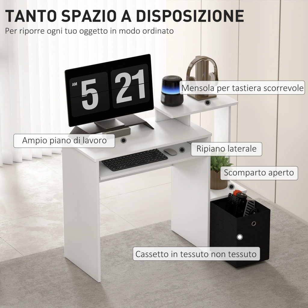 Scrivania Moderna con Mensola per Tastiera e Cassetto in Tessuto, 100x40x86.6cm, Bianco e Nero