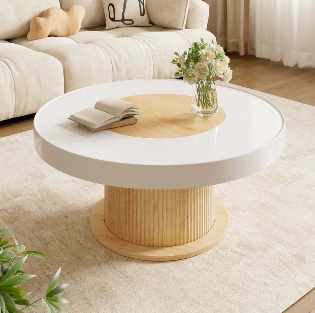 Tavolino da caffè 75x75x39 cm con piano rotondo bicolore e base cilindrica scanalata in MDF e PVC naturale e bianco