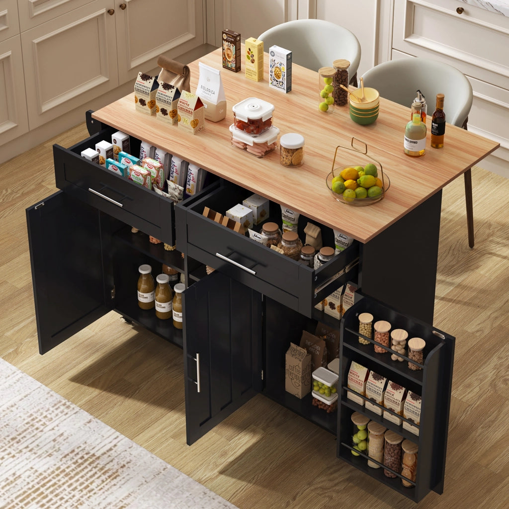 Carrello da cucina e sideboard con piano pieghevole, 129x71x91,5 cm, nero e naturale