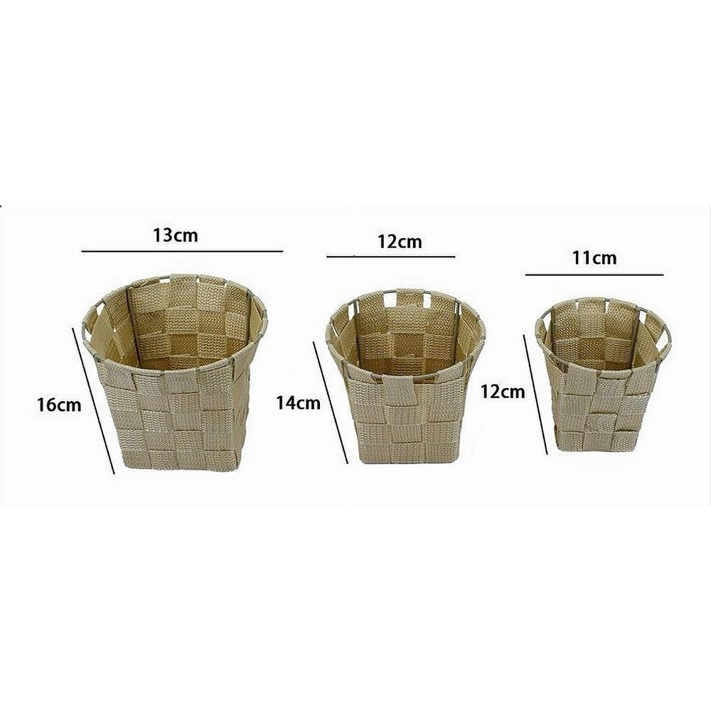 Trade Shop - Set 3 Cestini Rotondi Porta Oggetti In Tessuto Beige Per Bagno Casa Cucina 79045 -