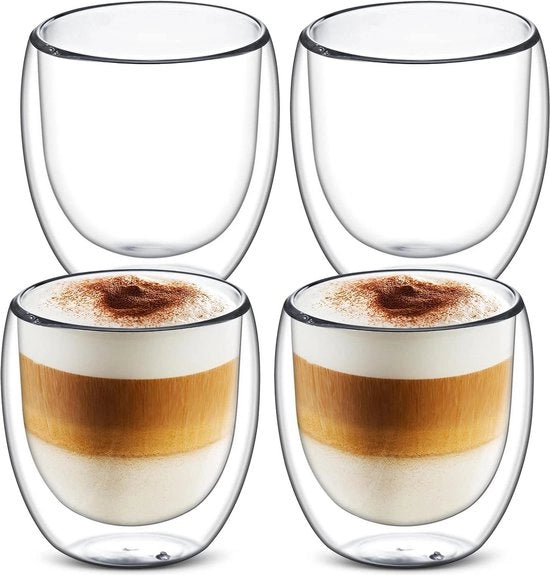 Set di 4 tazze in vetro a doppia parete per caffè - Tazze in vetro trasparente per latte e bevande calde - Tazze in vetro isolate per bevande fredde e calde - Tazze in vetro per caffè, latte e bevande calde.