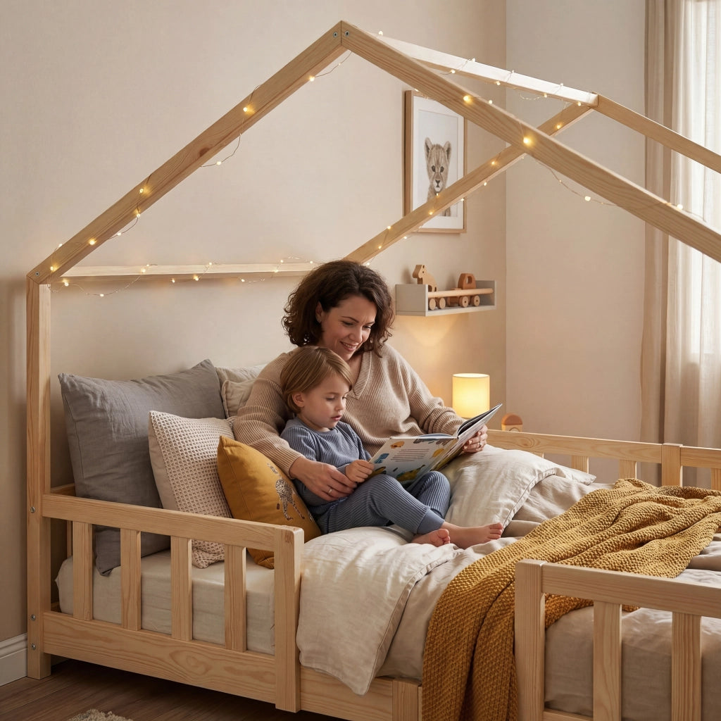 Letto per Cameretta Treviolo a Forma di Casetta in Stile Montessori 140x200 cm Naturale [en.casa]