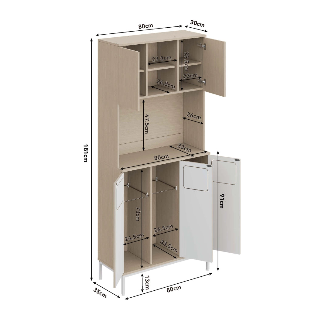 Colonna da cucina con vano rifiuti e ripiano per microonde in MDF effetto legno chiaro bianco 80 × 35 × 181 cm