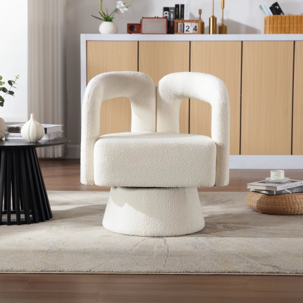 Poltrona Girevole 360° con Braccioli Arrotondati e Seduta Imbottita; in Boucle Beige 67 × 55 × 74 cm