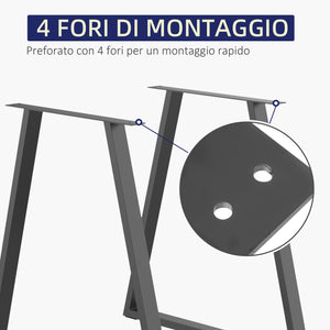 Set 2 Gambe per Tavolo Trapezoidali 70x5x72 cm con 6 Fori e 12 Viti in Acciaio Nero