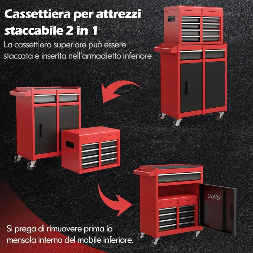 Cassettiera Portautensili a 4 Cassetti, Carrello per Attrezzi con Ruote Bloccabili Ripiano Regolabile e Rivestimento Antiscivolo, 59 x 28 x 102 cm (Nero + Rosso)
