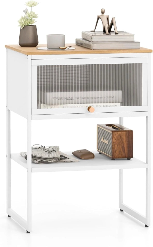 Tavolino con Anta a Ribalta, Tavolino da Divano o Letto a 3 Livelli con Ripiano di Archiviazione, Comodino Moderno per Soggiorno e Camera da Letto, 40 x 32 x 56 cm (Bianco)