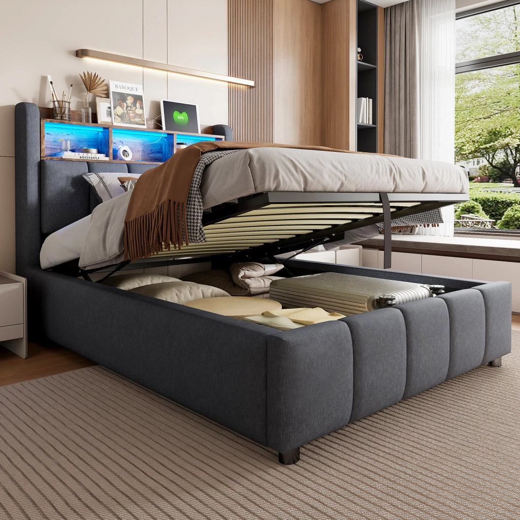 Letto imbottito singolo 90x200 cm con contenitore idraulico, LED RGB, USB e testiera con ripiani, grigio
