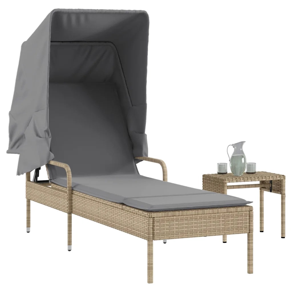 Lettino Prendisole | Sdraio da giardino | Lettino da sole con Baldacchino e Tavolino Beige Polyrattan