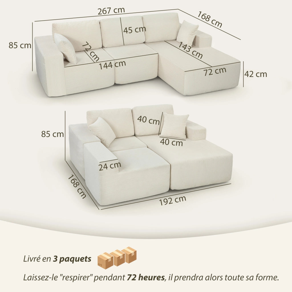 Divano Angolare Letto 3 Posti ¨C Zephmum ¨C Velour Crema 267cm