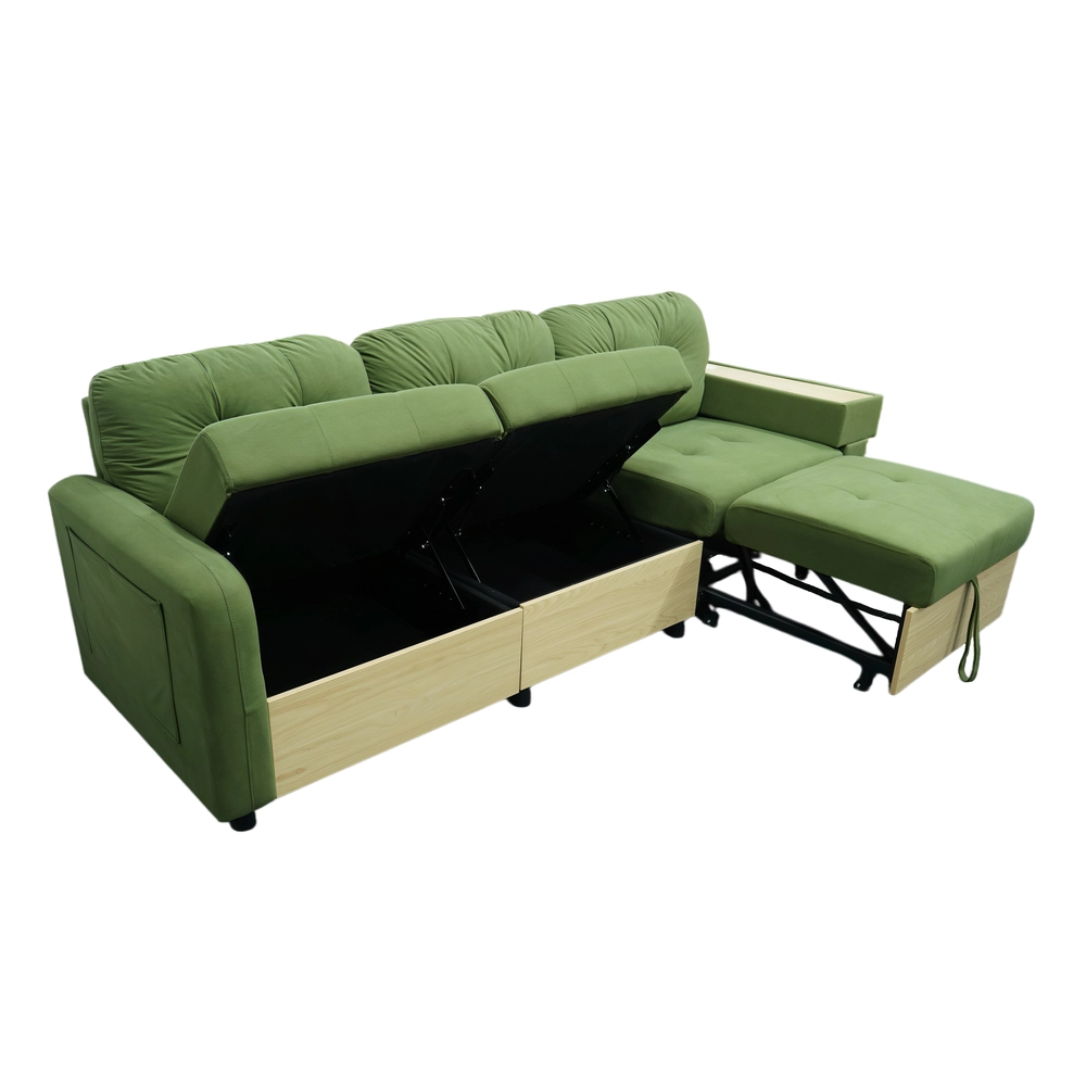 Divano Angolare 3 Posti con Penisola Estraibile ¨C MINIMAL ¨C Velluto Verde, Contenitore, Braccioli in Legno