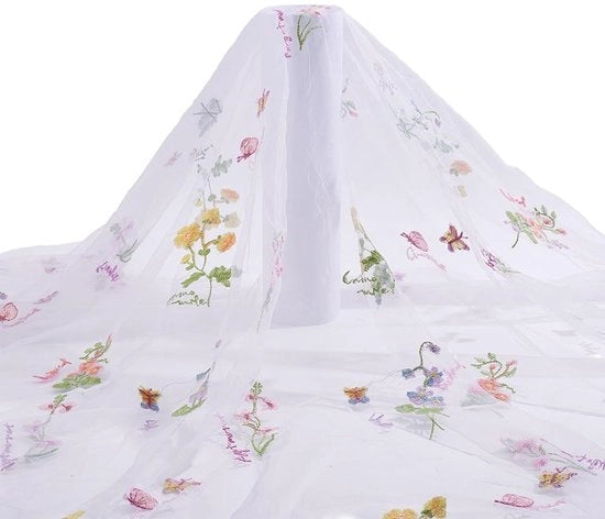 Tessuto a rete 130 × 180 cm - Disegno di fiori per broderia - Tulle - Abito da sposa - Sartoria fai-da-te - Decorazione romantica per la casa
