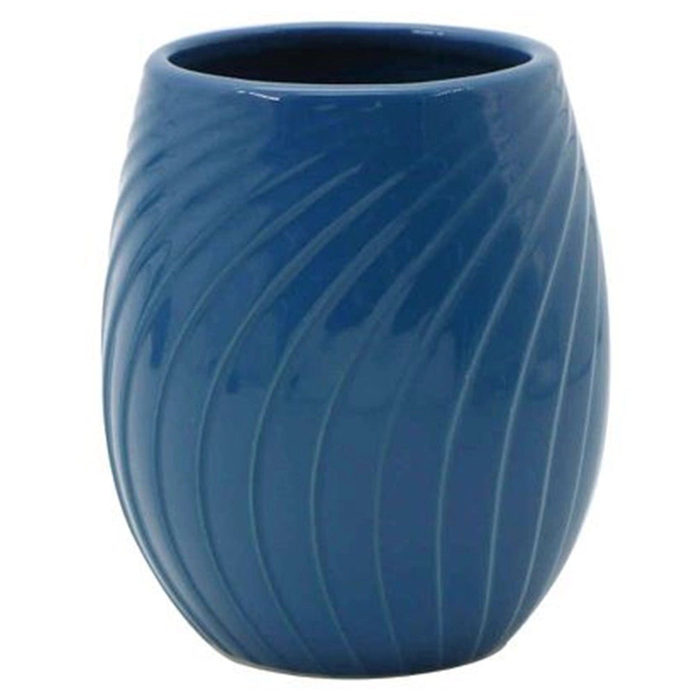 Trade Shop - Bicchiere Porta Spazzolini In Ceramica Rigata Blu Accessori Arredo Bagno 79955 -