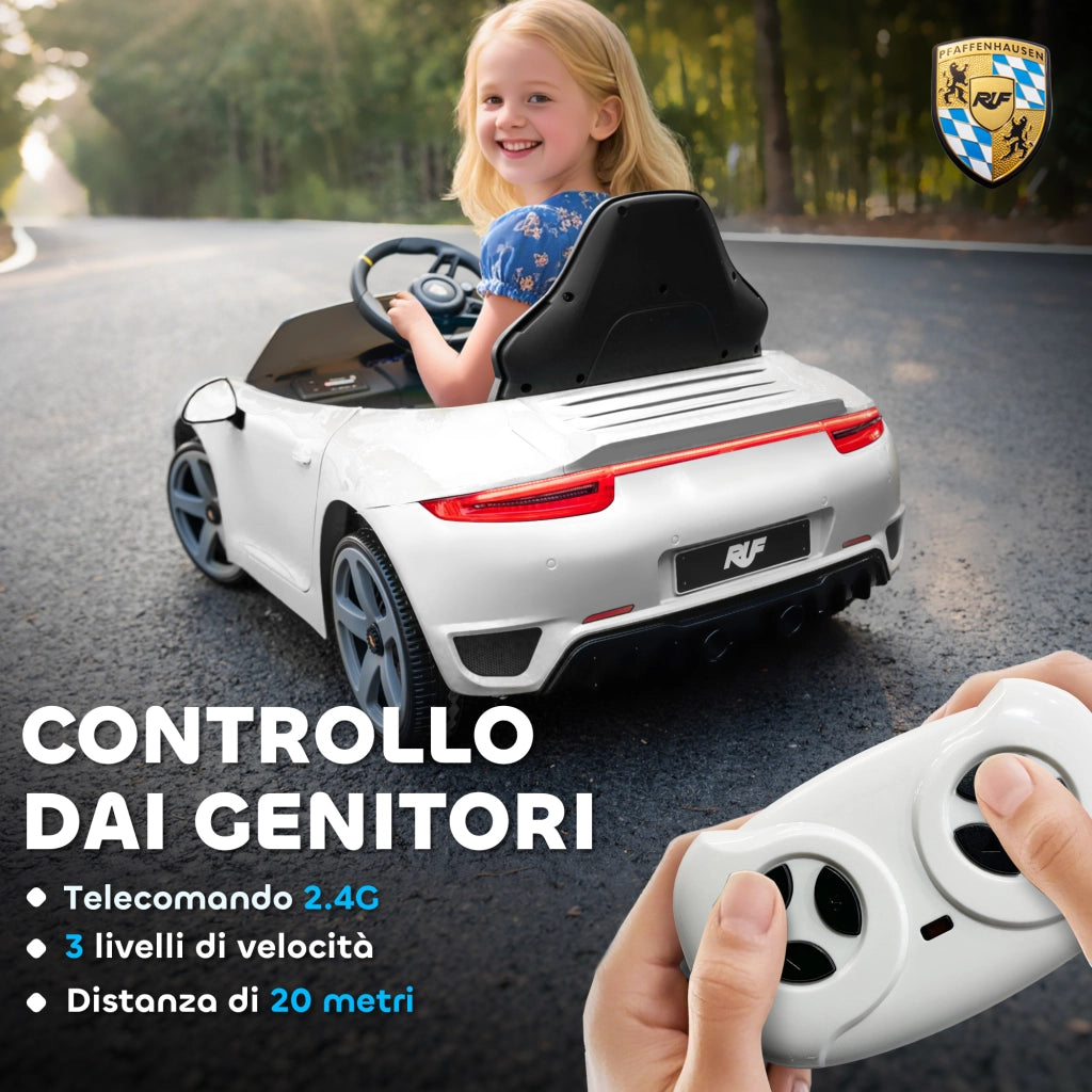 Macchina per Bambini 3-5 Anni con Licenza Ufficiale RUF GT, Telecomando, Cintura di Sicurezza e Musica, Bianco