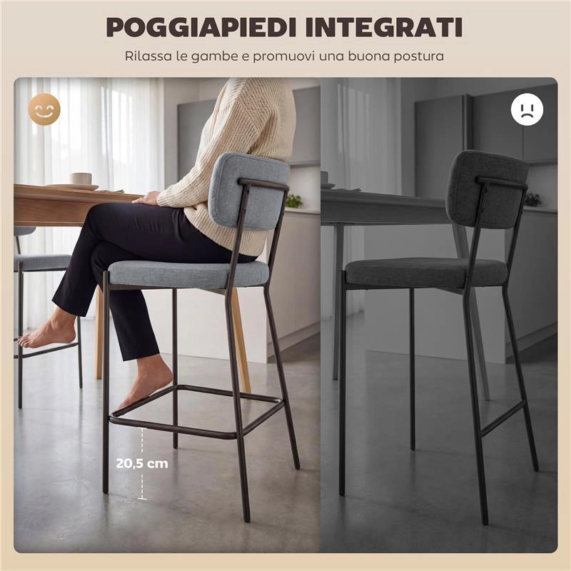 SET DI 2 SGABELLI DA BAR CON SCHIENALE E POGGIAPIEDI IN METALLO E TESSUTO, GRIGIO CHIARO