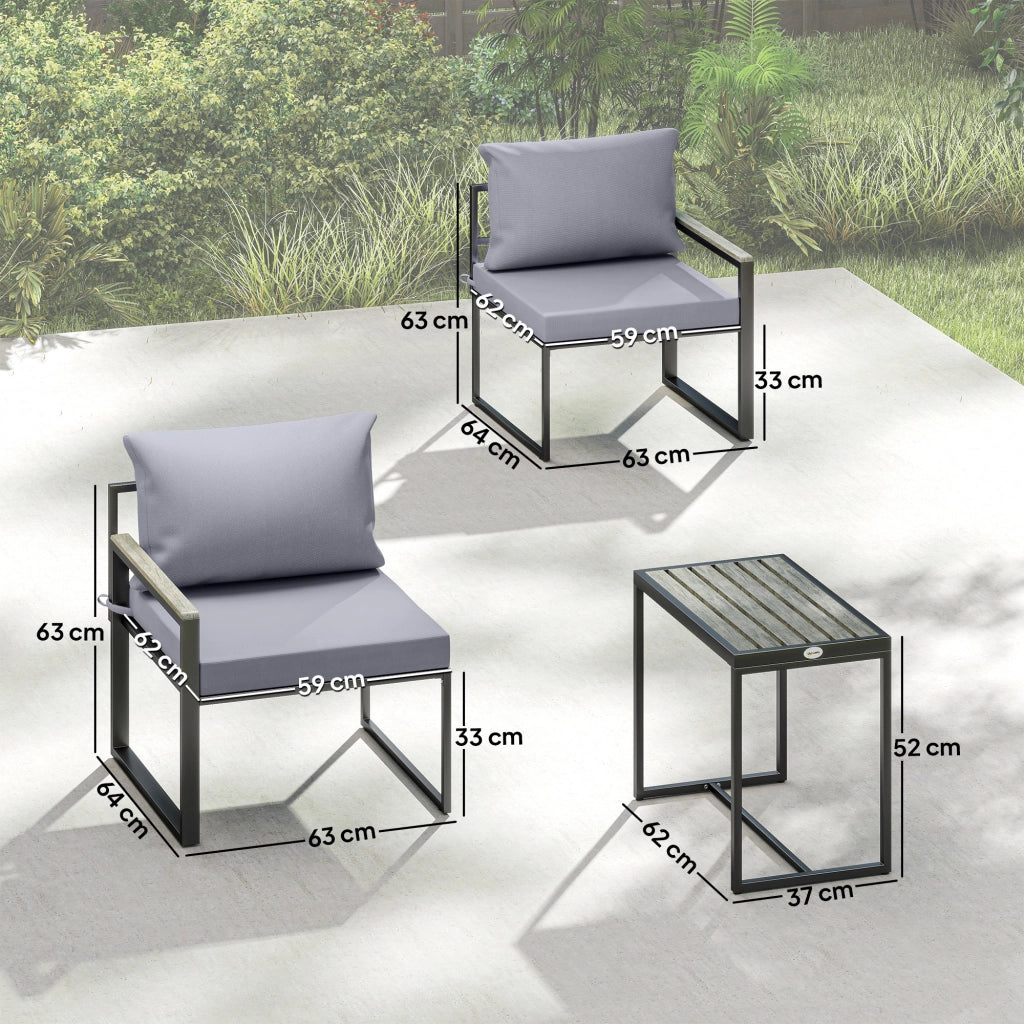 Set da Esterno 3pz con Tavolo da Giardino e 2 Sedie con Seduta in Texteline e Cuscini, Grigio