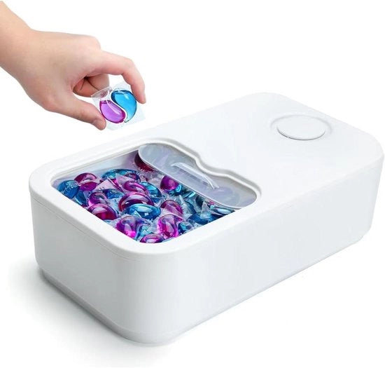 Sistema di stoccaggio per detersivi - 150 pacchetti - contenitore per detersivi con coperchio scorrevole - grande contenitore per detersivi - organizzazione e stoccaggio - zona lavanderia - bianco.
