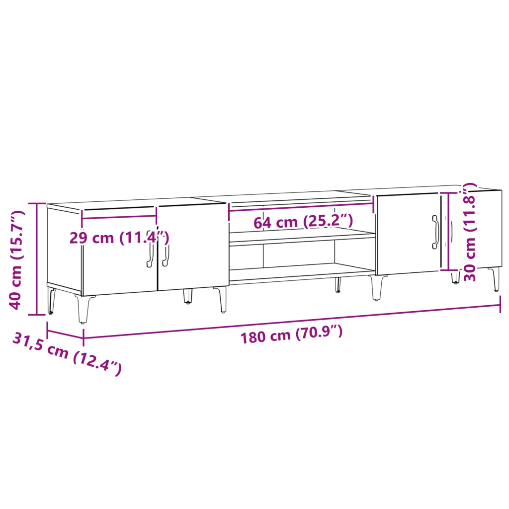 Mobile per TV Nero Rovere 180x31,5x40 cm Legno ingegnerizzato
