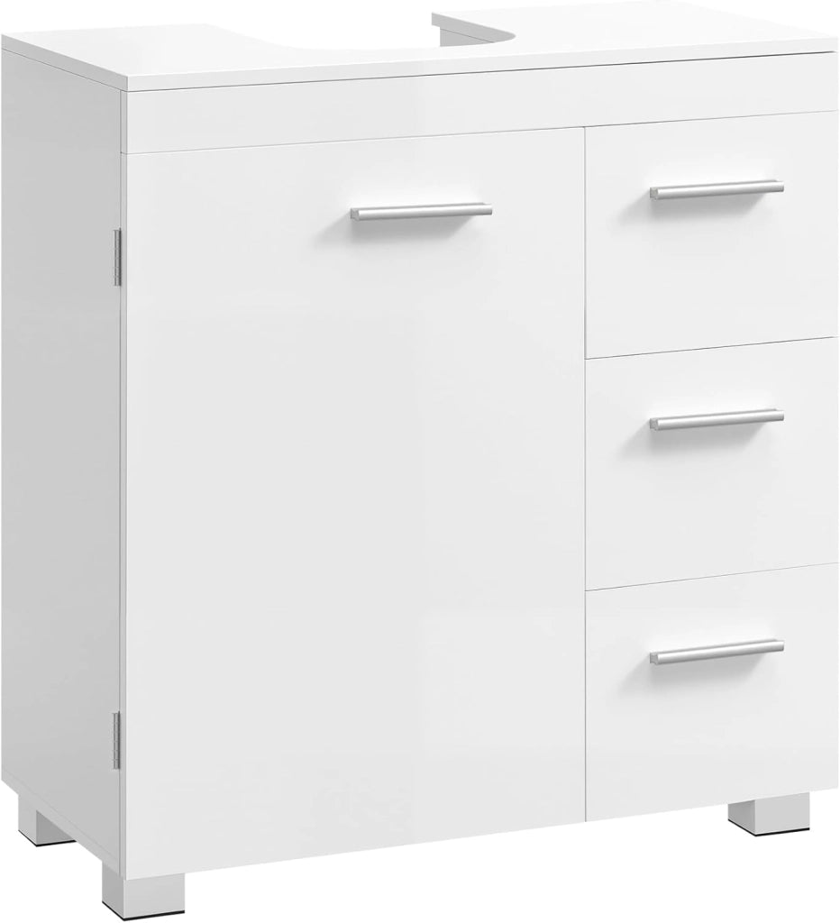 VASAGLE Mobile Sottolavabo per Bagno, Mobiletto da Bagno, 3 Cassetti Laterali, 2 Scomparti dietro l'Anta, per Lavabi con Colonna, con Piedini, 30 x 70 x 64 cm, Bianco Nuvola e Grigio Tortora BBK504W02