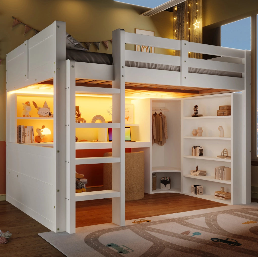 Letto a soppalco 140x200 cm bianco con LED, armadio e scrivania
