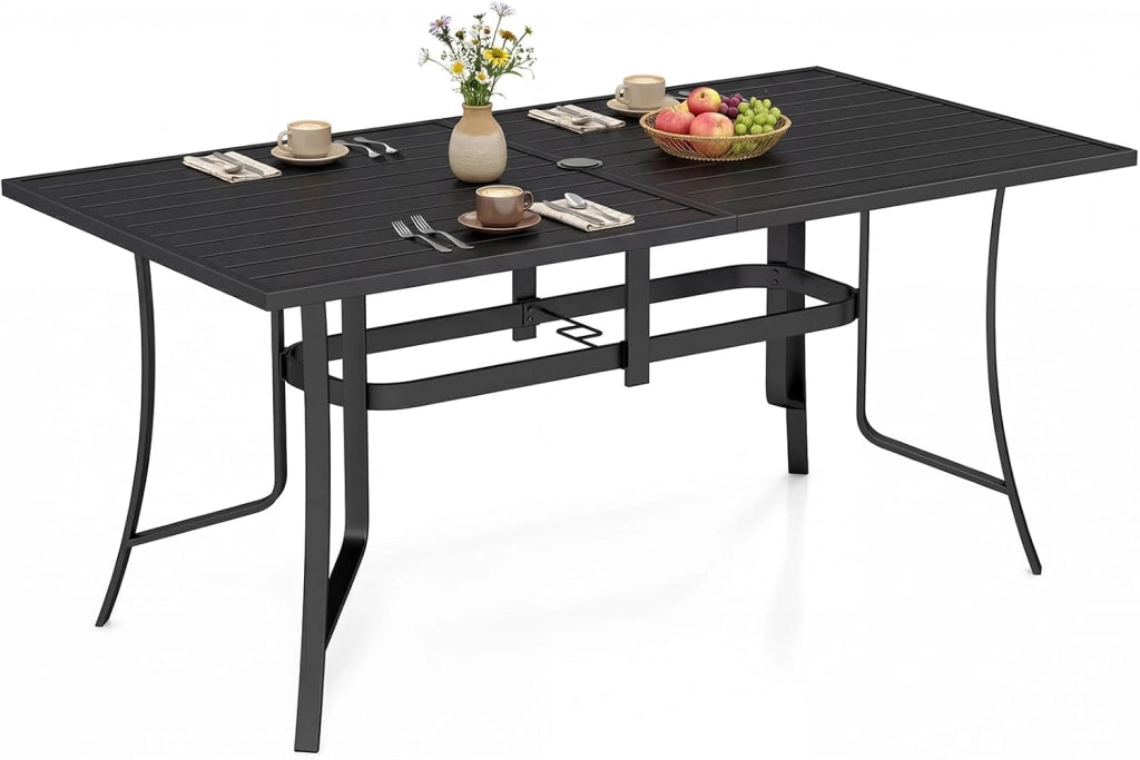 Tavolo da Giardino a 6 Posti in Metallo, Tavolo Esterno con Fori di Ombrellone, 160 x 84 x 73 cm, per Balcone, Terrazzo, Campeggio, Pranzo, Rettangolare, Resistente, Portata 150 kg
