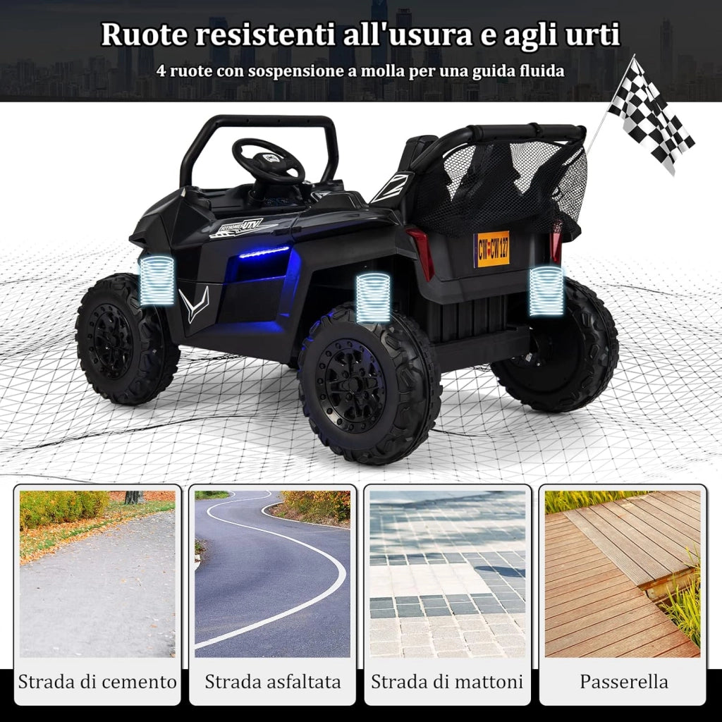 12V Auto Elettrico per Bambini, Macchina Fuoristrada a 2 Posti, Macchina Elettrica con Luci Suoni, Regalo per Bambini 3-8 Anni, 118x74x71 cm (Nero)
