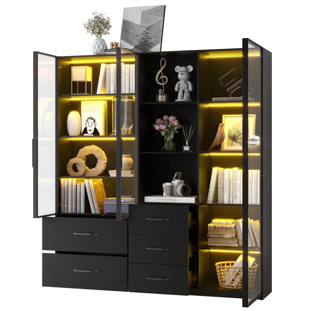 Vetrina LED modulare 140 x 40 x 160 cm con ante in vetro, ripiani aperti e cassetti, colore nero