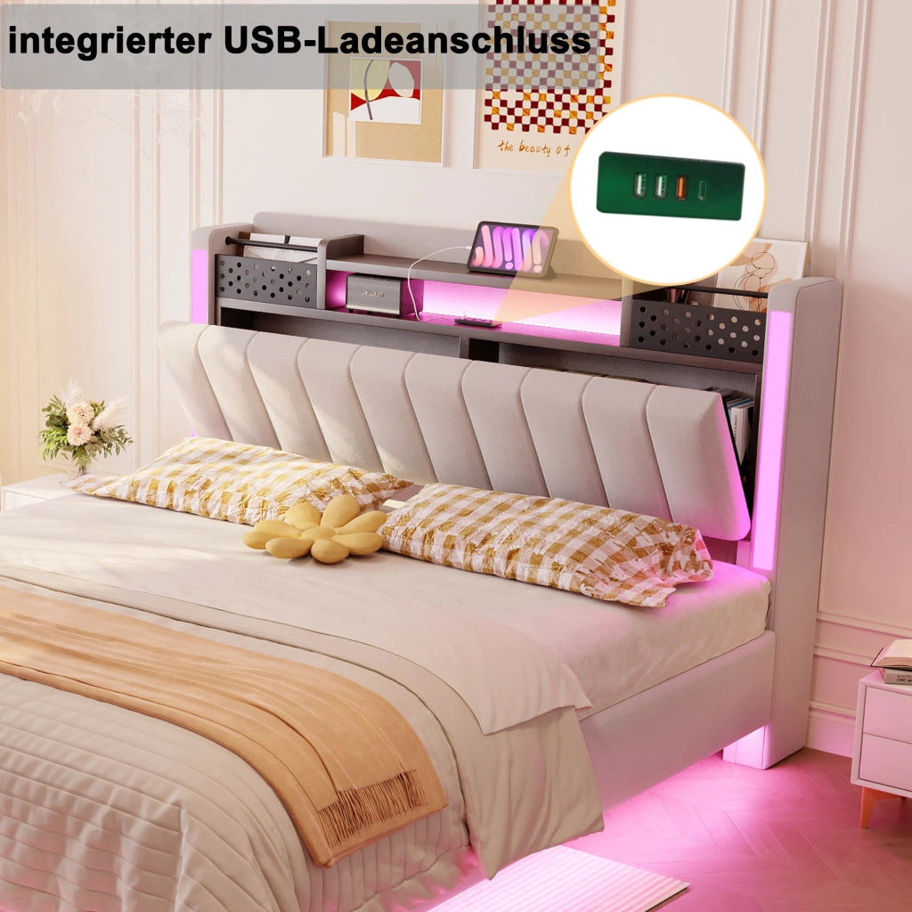 LETTO Imbottito 140x200 cm Beige con LED e porta USB
