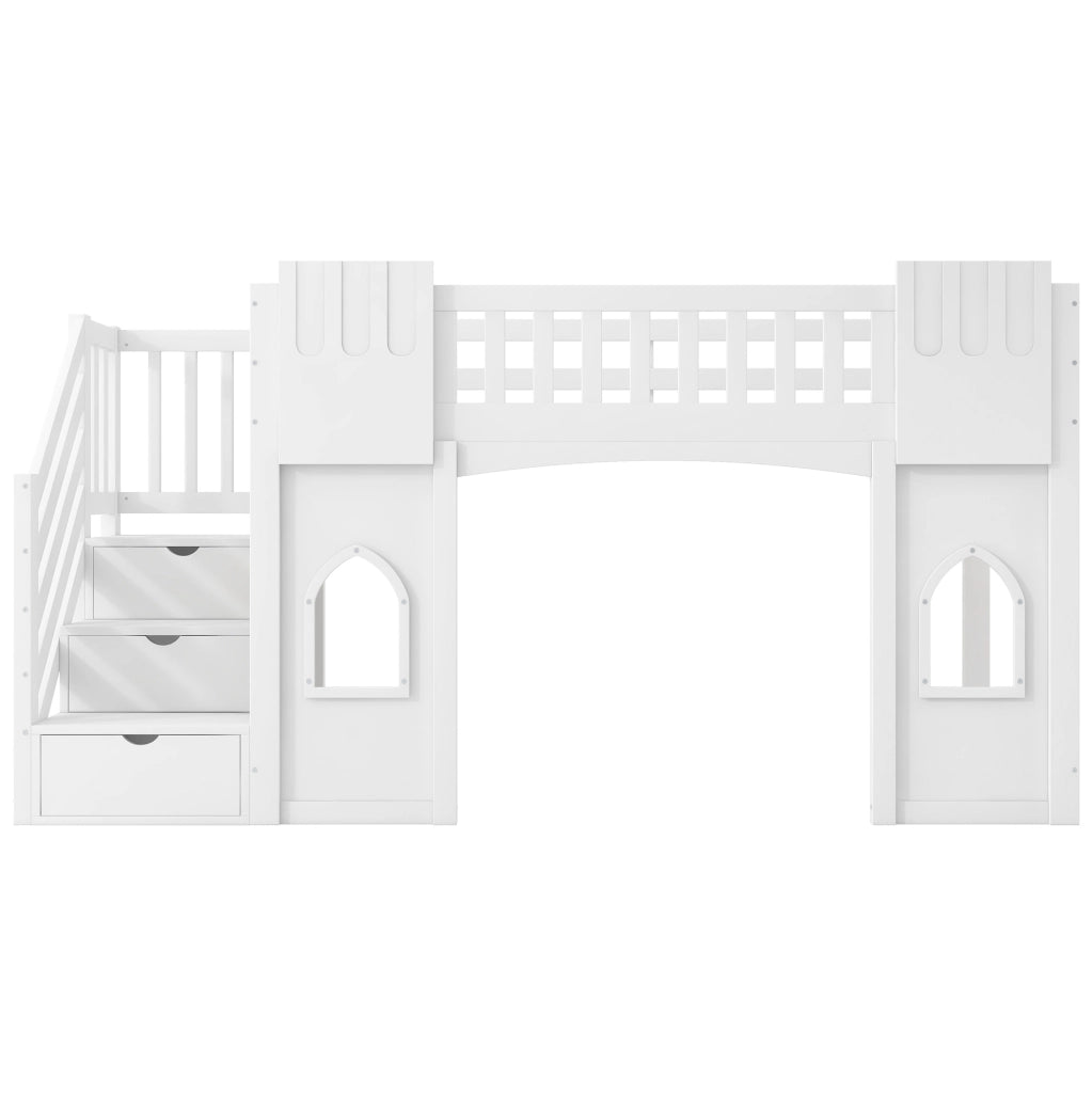 Letto a soppalco 90x200 cm con scala contenitore e finestre in MDF; pino e compensato bianco