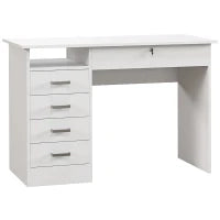 Scrivania Moderna con 5 Cassetti e Scomparto Aperto con Serratura e 2 Chiavi, 110x50x76cm, Bianco