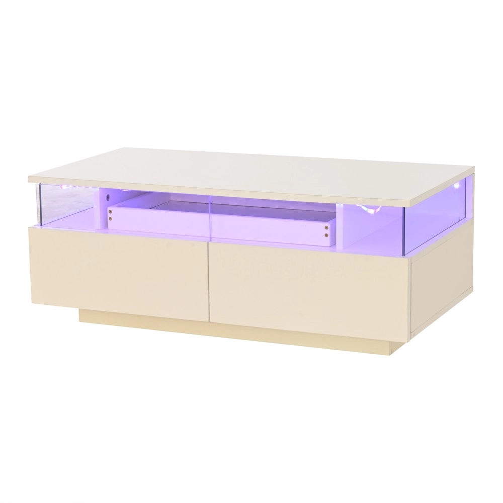 Tavolino da Caff¨¨ con LED e Cassetti ¨C MINIMAL ¨C Vetro Temperato, Bianco, 90x45x35.5