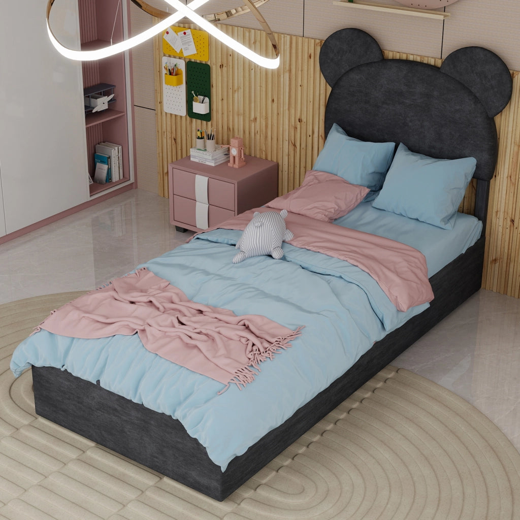 Letto Singolo 90x200 cm con Testiera Sagomata; Contenitore a Sollevamento; Grigio