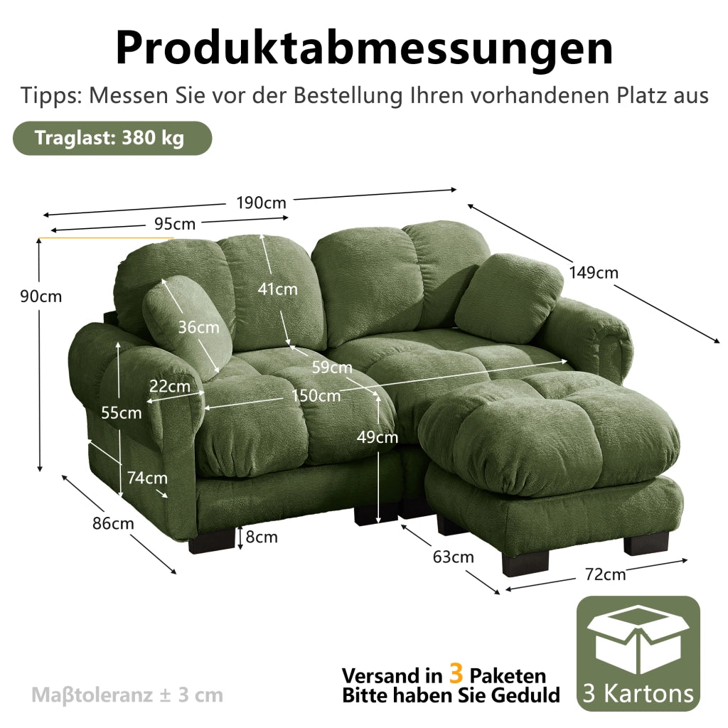Divano angolare modulare in ciniglia con cuscini spessi e pouf mobile, schienale ergonomico, verde