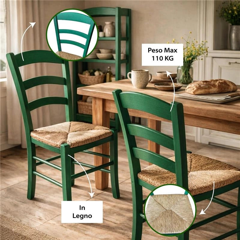 SET 2 SEDIE PAESANA IN LEGNO CON SEDUTA IN PAGLIA E SCHIENALE ALTO 42X40X87H CM COLORE VERDE