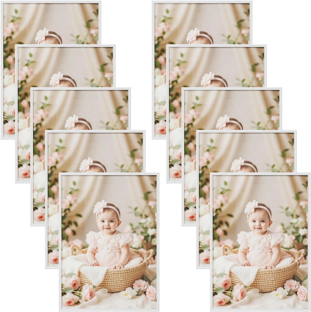 Set di 10 Cornici Foto 50x70 cm con Passepartout, Portafoto da Parete e Tavolo, Verticale o Orizzontale, in Legno Massiccio, Bianco
