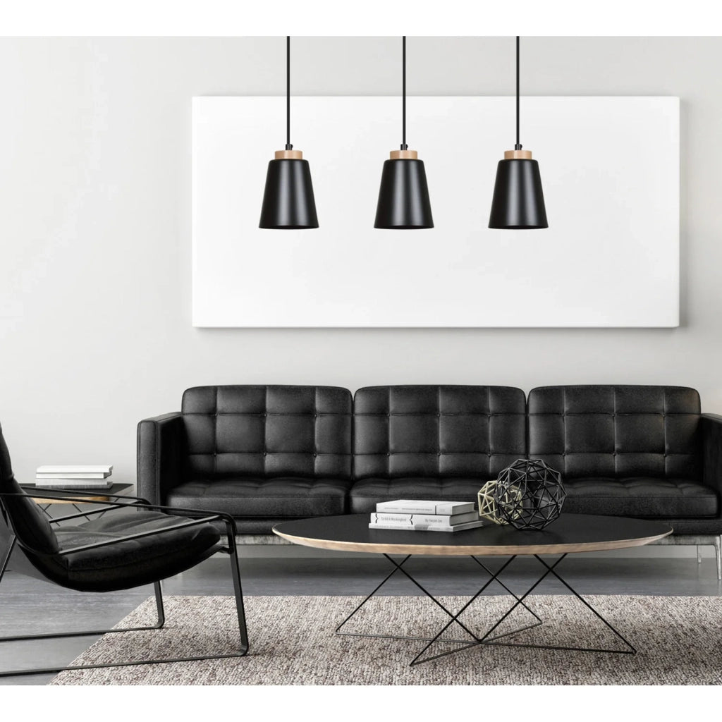 Lampadario 3 Luci Lancillotto Con Paralumi A Cono In Acciaio Nero E Legno Naturale