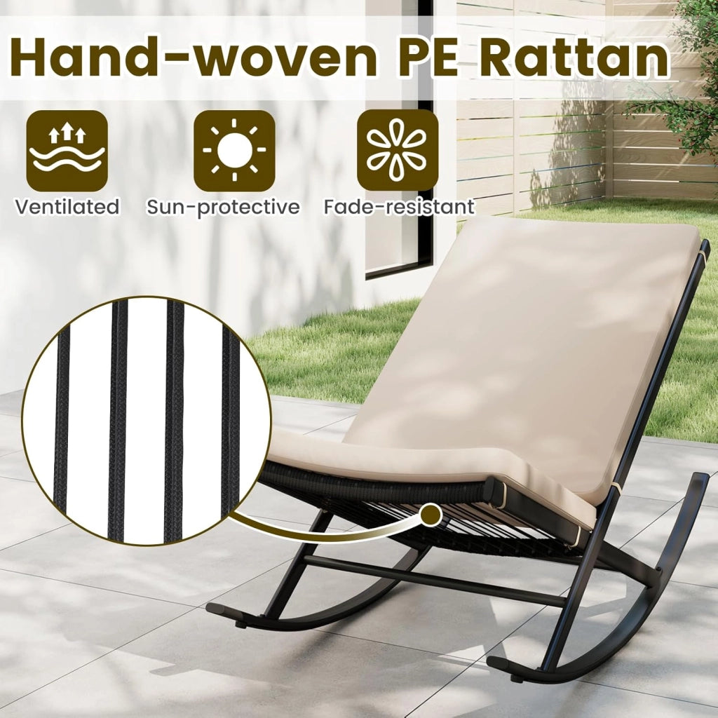 Set di Bistro 3 Pezzi, Sedie a Dondolo da Esterno in Rattan con Tavolino da Caffè, Set di Mobili da Conversazione per Veranda con Cuscini in Cotone per Giardino, Balcone, Bordo Piscina